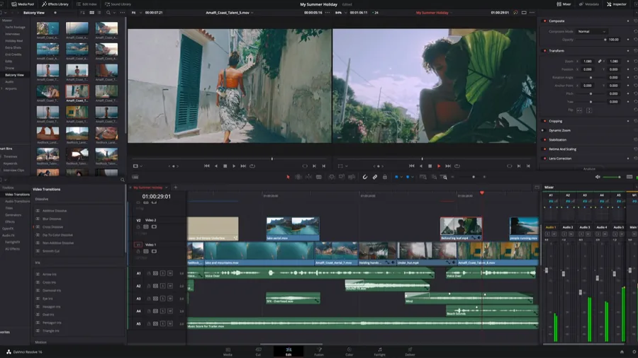 DaVinci Resolve-interface met videobeelden, montagetijdlijn en audiotracks — masterclass voor beginners